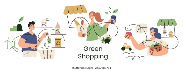 Set of vector illustrations, green shopping collection, people with eco products at local markets and supermarkets. Reusable bags, fresh organic fruits, and vegetables in flat cartoon style