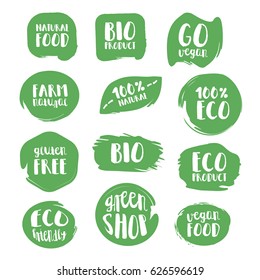 Set of vector illustrations of the green stickers dedicated to eco food. 