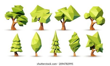 Set of vector illustrations of a green tree, isolated object on a white background design element for landscape and nature, symbol of ecology and clean nature. Abstract game 3d render.