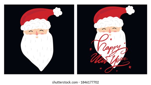 Set of vector illustrations of a greeting card with the inscription "Happy new year". Santa Claus face and hat. Cute cartoon funny character. Children's greeting card. Cute children's background.