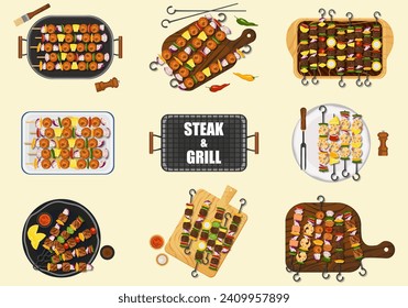 Set of vector illustrations of grilled barbecue food on a pan. Wooden cutting board. Various styles, top view isolated on white cartoon background.