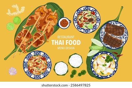 Set of vector illustrations Grilled chicken skewers on banana leaves, dipping sauce, Thai food menu from above view Delicious and various Thai food, colorful cartoon style, bright yellow background.
