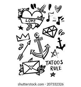 Set of vector illustrations in grunge style, anchor, heart and dagger, envelope, arrow, crown. Old school tattoo illustrations set.