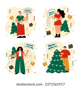 Conjunto de ilustraciones vectoriales con chicos, chicas, árboles de Navidad, guirnaldas, confiti y regalos. Banner de Año Nuevo y Navidad, imagen, tarjeta de saludo.