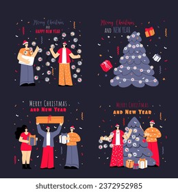 Set of vector illustrations with guys, girls, Christmas trees, garlands, confetti and gifts. New Year and Christmas banner, image, greeting card.