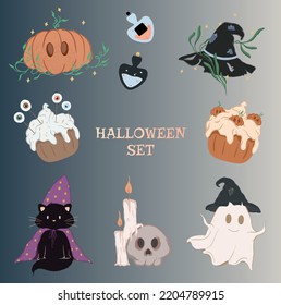 Set Of Vector Illustrations With Halloween Attributes. Pumpkin, Potion, Hat, Bat, Cat, Ghost And Skull.