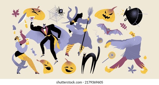 Set of vector illustrations for Halloween in cartoon style. Vampire, witch, zombie and other monsters and attributes for a spooky party