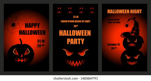 Set of vector illustrations for halloween day. Black angry pumpkins. Elements for cards, templates, flyers, banners, invitations.