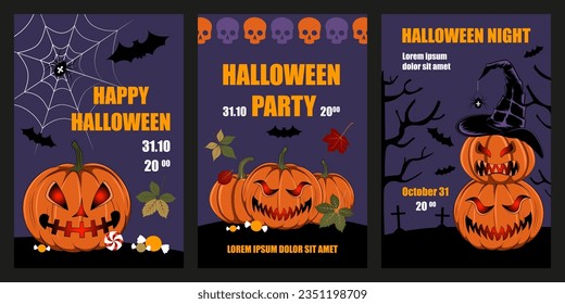 Set of vector illustrations for halloween day. Postcards with the image of pumpkins.