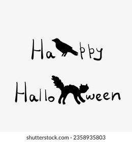 Set of vector illustrations for Halloween day, cute black bats, skull, cat, spiders, ghosts and crow, attributes of any spooky holiday