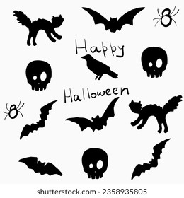 Set of vector illustrations for Halloween day, cute black bats, skull, cat, spiders, ghosts and crow, attributes of any spooky holiday