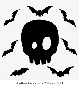 Set of vector illustrations for Halloween day, cute black bats, skull, cat, spiders, ghosts and crow, attributes of any spooky holiday