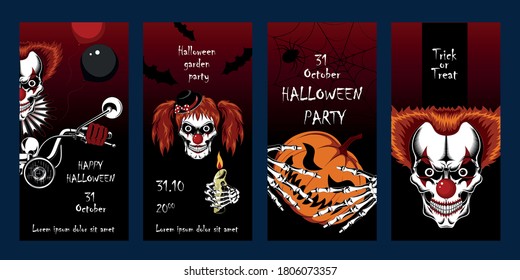 Set of vector illustrations for Halloween with evil clowns. Clowns in red wigs. Design elements for cards, flyers, banners, invitations, posters.