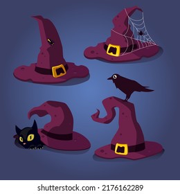 A set of vector illustrations of Halloween hats. A witch's hat with a spider and a spider, a raven, a firefly, a black cat, a vat of potion, bats highlighted on a gradient background.