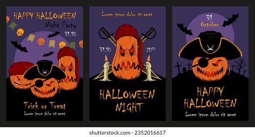 Set of vector illustrations for Halloween with the image of pumpkins. Evil pumpkin pirates. Design elements for invitation, flyer, postcard, banner, poster, flyer.