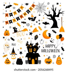 A set of vector illustrations for a Halloween party on an isolated white background.