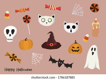 Set of vector illustrations for Halloween. Pumpkins, ghosts, happy Halloween lettering, gossamer, cats, candy, bat. Single elements for invitations, posters, postcards, and fabrics