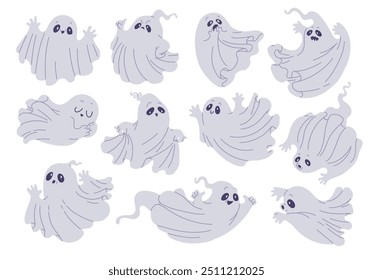 A set of vector illustrations for Halloween, which depicts flying ghosts: frightening, happy, sleeping, scared, unhappy. Stickers for October decoration.