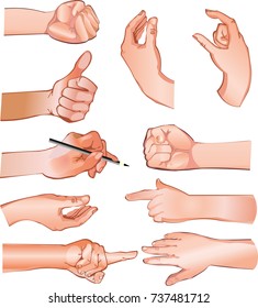Set of vector illustrations hand in different positions isolated