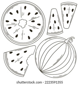 Set of vector illustrations in hand drawn style. Coloring poster with fruits