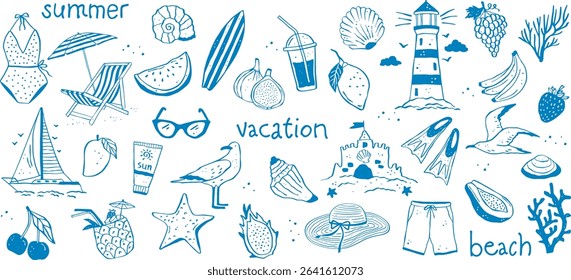 Set of vector illustrations hand drawn beach theme and accessories for vacation at sea. Vector illustration in doodle style