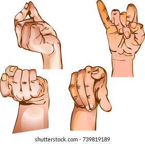 Set of vector illustrations hand gestures in different positions isolated