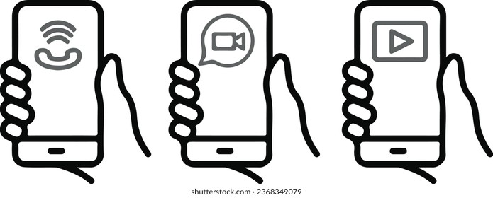 Conjunto de ilustraciones vectoriales de una mano que sostiene un smartphone con un icono de llamada, un icono de videollamada y el botón de inicio de una aplicación de vídeo. Aislado sobre un fondo transparente