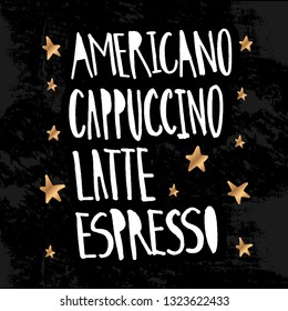 Set of vector illustrations with hand sketched lettering about coffee. Template for cafe interior, signboard, card, design, print, poster. Vector lettering typography poster.