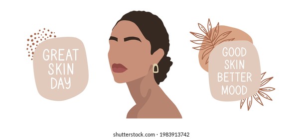 Set of vector illustrations, hand-drawn stickers. Portrait of a stylish girl, model. Accessories, makeup, bun hairstyle. Inspirational quote, skincare. Lettering great skin better mood, good skin day