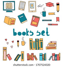 Set of vector illustrations. Handdrawn and traced. Doodle. Black outlines books isolated on white background.  Pile of paper books, open book, book on computer screen, glasses, heart, lamp.
