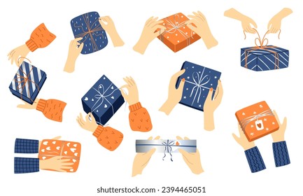 Set of vector illustrations of hands holding a gift box. Concept for gifts, Christmas, New Year, holidays, birthday.