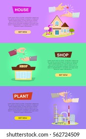Set of vector illustrations with hands passing keys. Process of buying, selling house shop plant. E-commerce concept of shopping or renting in cartoon design. Sales web banner in flat style.