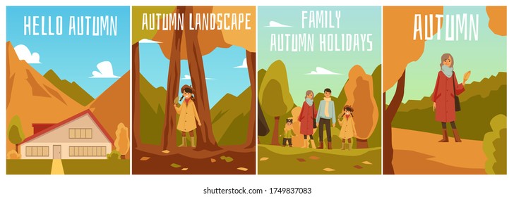 A set of vector illustrations with happy people on the background of an autumn landscape. Image of a house in the mountains in autumn. Colorful templates of autumn posters with inscriptions for your