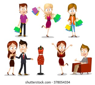 Set of vector illustrations of happy people characters having shopping. Male and female persons have a great mood with smiles on their faces, hands holding colorful shopping bags. Sales for clothing!