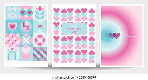 Set of vector illustrations. Happy Valentine's day. Useful for web, greeting cards, event invitation, discount voucher, advertising, cover, flyer, poster, prints. Simple modern geometric design