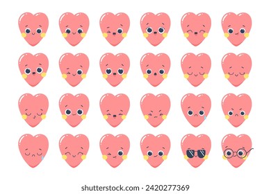 Set of vector illustrations of heart emoticons with different emotions isolated on a white background