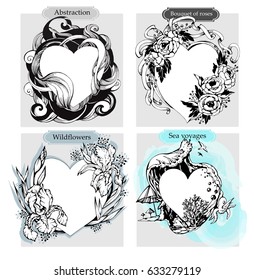 Set of vector illustrations, heart, tattoo, black and white, Valentine's day, heart in Doodle style, contour, hand drawing vector illustration on white background.