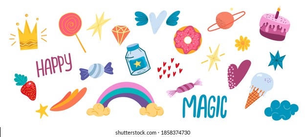 Un conjunto de ilustraciones vectoriales con corazones, estrellas, caramelos, arcos, inscripciones y otros elementos para niños. Ilustración vectorial aislada en un fondo blanco. Un conjunto de etiquetas, embalaje