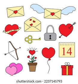 Conjunto de ilustraciones vectoriales con corazones para el Día de San Valentín. Doodles románticos en negro y rojo para pegatinas, diseños, tarjetas, etc.