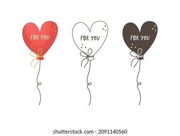 Satz von Vektorgrafiken von herzförmigen Ballons. Illustration für den Valentinstag in Umrissen, flach und schlicht.