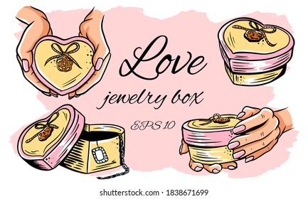 Set of vector illustrations. Heart-shaped jewelry box. Opened box, in hands. Isolated illustration