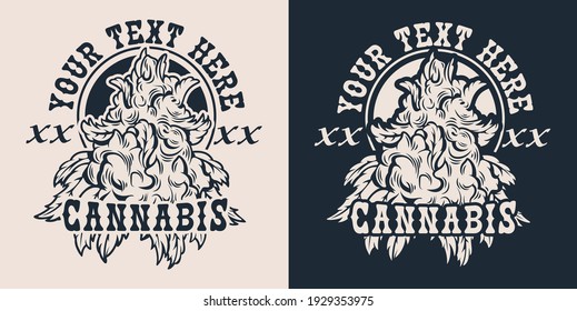 Set vector illustrations with the hemp bush for white and dark background. The text is in a separate group. This design is perfect for apparel designs and many other uses.