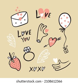 Set of vector illustrations for the holiday Valentine's Day in doodle style. romantic holiday symbol, design element.