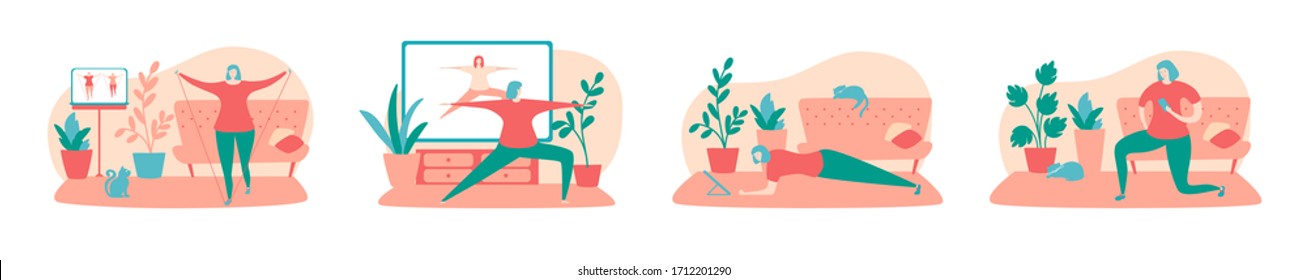 Set Of Vector Illustrations Home Fitness. Women Watching Sports Video And Doing Exercises. Online Workout For Women At Home. Active Lifestyle During Self-isolation And Quarantine Period.