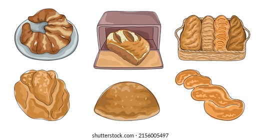 Set of vector illustrations, homemade bread, designed in doodle style. on a white background for card decorations, menus, digital prints, bread making illustrations, stickers, scrapbook and more 