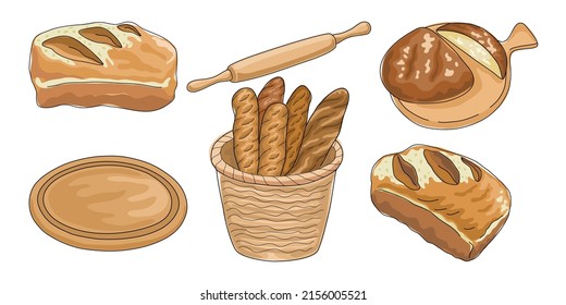 Set of vector illustrations, homemade bread, designed in doodle style. on a white background for card decorations, menus, digital prints, bread making illustrations, stickers, scrapbook and more 
