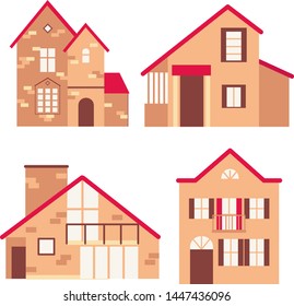 Set of vector illustrations of houses with red roofs. Living buildings, village architecture. 