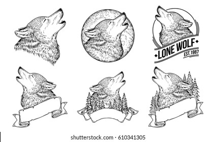 Set vector illustrations of a howling wolves with ribbon, engraving. Print for T-shirts.