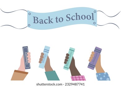 Set of vector illustrations of human hands holding closed books. Back to school, education, literacy day. Member of the book club. Poetry lover. Time to read. Bookstore, library.