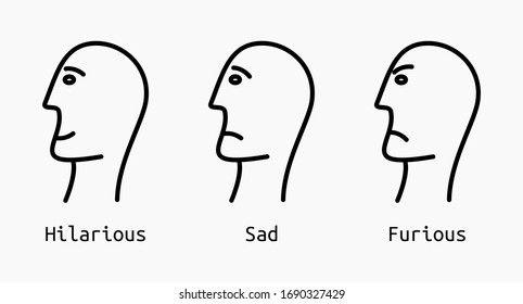 Set of vector illustrations of human head sideways, which has different emotional states of fun, sadness and anger.  Made of black lines on a light gray background.